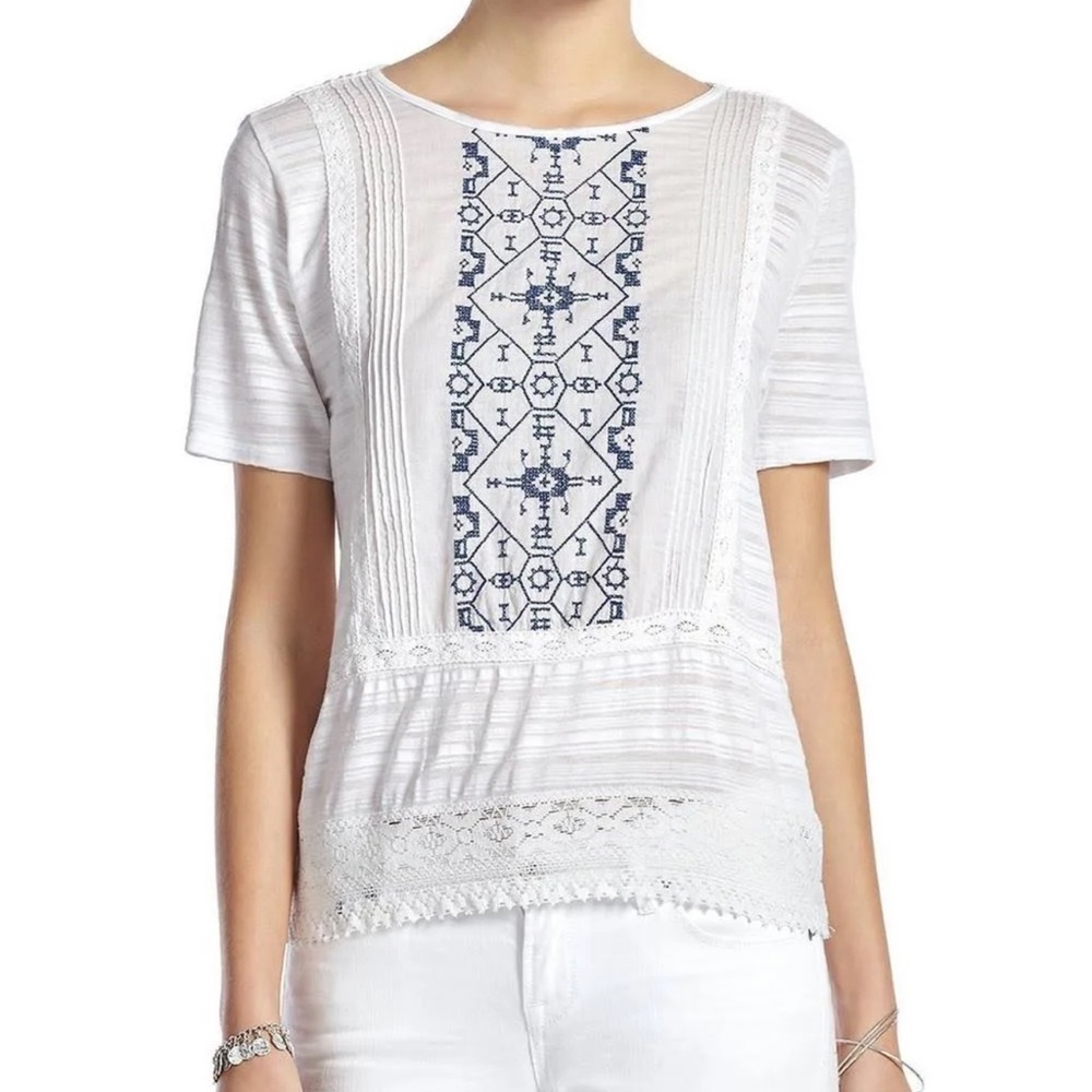 Lucky Brand Top Blouse Boho White Blue Embroidered Peasant- S